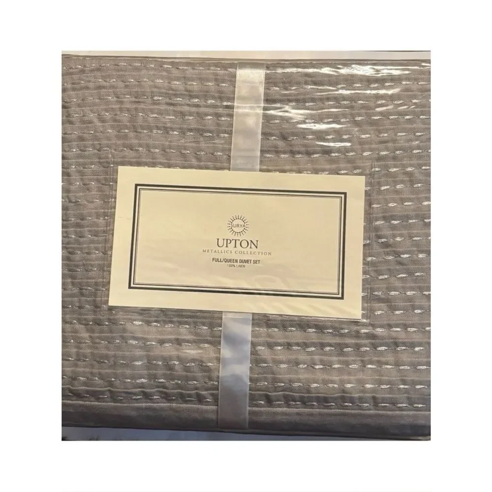 650$ New SURYA Upton Metallic Collection Linen Duvet Set Full/Queen